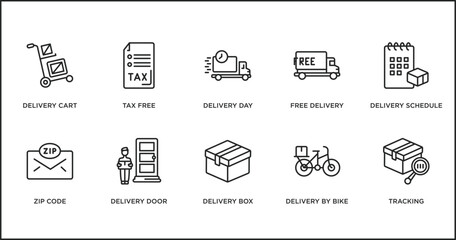 Poster - delivery and logistic outline icons set. thin line icons such as delivery day, free delivery, schedule, zip code, door, box, by bike vector.
