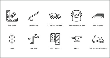 Poster - construction tools outline icons set. thin line icons such as concrete mixer, open paint bucket, brick wall, tiles, gas pipe, wallpaper, anvil vector.