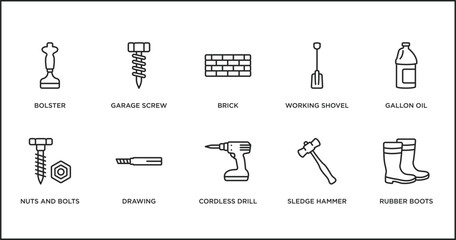 Poster - construction tools outline icons set. thin line icons such as brick, working shovel, gallon oil, nut