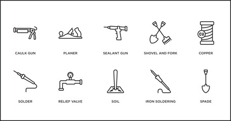 Poster - construction and tools outline icons set. thin line icons such as sealant gun, shovel and fork, copper, solder, relief valve, soil, iron soldering vector.