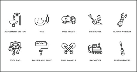Poster - construction outline icons set. thin line icons such as fuel truck, big shovel, round wrench, tool bag, roller and paint, two shovels, backhoes vector.