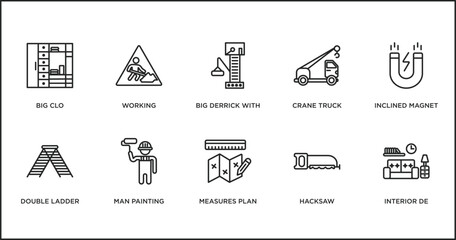 Poster - construction outline icons set. thin line icons such as big derrick with boxes, crane truck, inclined magnet, double ladder, man painting, measures plan, hacksaw vector.