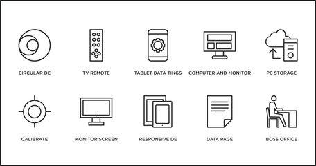 Poster - computer outline icons set. thin line icons such as tablet data tings, computer and monitor, pc storage, calibrate, monitor screen, responsive de, data page vector.