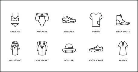 Poster - clothes outline icons set. thin line icons such as sneaker, t-shirt, brisk boots, housecoat, suit ja