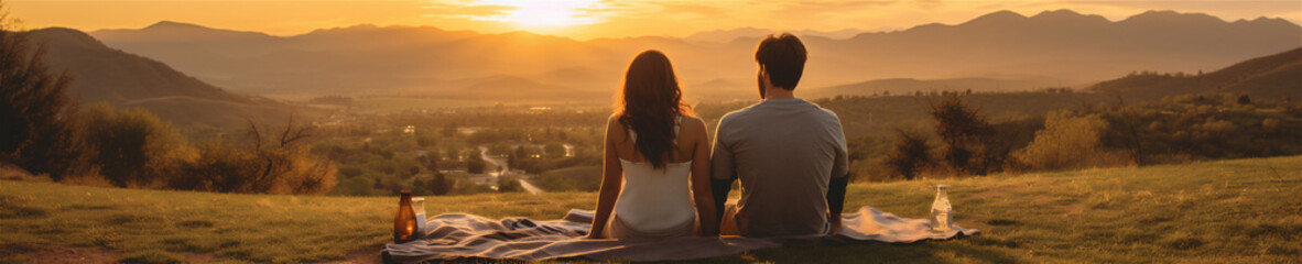 A Young Couple Having a Picnic, Looking Out at Mountains and Meadows, Generative AI