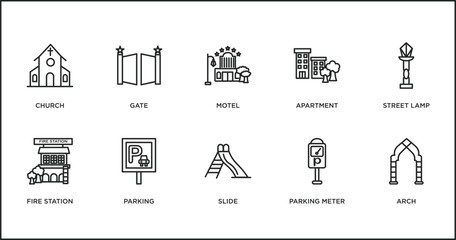 Poster - city elements outline icons set. thin line icons such as motel, apartment, street lamp, fire station, parking, slide, parking meter vector.