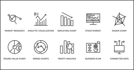 Poster - business and analytics outline icons set. thin line icons such as depleting chart, stock market, radar chart, round value chart, merge charts, profit analysis, business plan vector.
