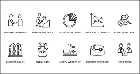 Poster - business outline icons set. thin line icons such as quarter pie chart, line chart statistics, money investment, business graph, angry boss, sleepy worker at work, bussines briefcase vector.