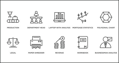 Poster - business and analytics outline icons set. thin line icons such as laptop with analysis, mortgage sta