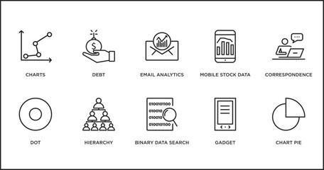 Poster - business and analytics outline icons set. thin line icons such as email analytics, mobile stock data, correspondence, dot, hierarchy, binary data search, gadget vector.