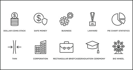 Poster - business outline icons set. thin line icons such as business, lanyard, pie chart statistics, thin, corporation, rectangular briefcase, graduation ceremony vector.