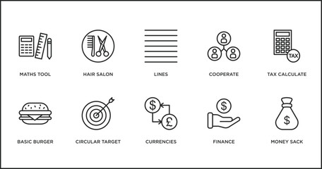 Poster - business outline icons set. thin line icons such as lines, cooperate, tax calculate, basic burger, circular target, currencies, finance vector.