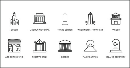 Poster - buildings collection. outline icons set. thin line icons such as trade center, washington monument, pagoda, arc de triomphe, reserve bank, greece, fuji mountain vector.