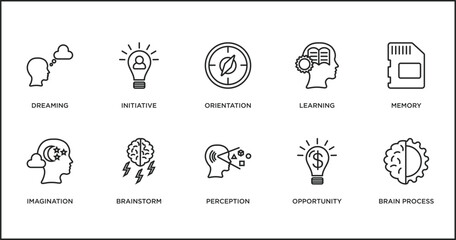 Poster - brain process outline icons set. thin line icons such as orientation, learning, memory, imagination, brainstorm, perception, opportunity vector.