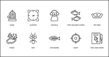 Animals Outline Icons Set. Thin Line Icons Such As Poodle, Two Golden Carps, Pet Bed, Pond, Ant, Fish Bone, Hunt Vector.