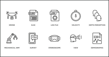 Poster - artificial intelligence outline icons set. thin line icons such as log file, velocity, depth perception, mechanical arm, survey, stereoscope, view vector.
