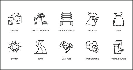 agriculture farming outline icons set. thin line icons such as garden bench, rooster, sack, sunny, roak, carrots, honeycomb vector.