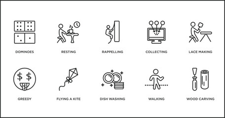 Poster - activity and hobbies outline icons set. thin line icons such as rappelling, collecting, lace making, greedy, flying a kite, dish washing, walking vector.
