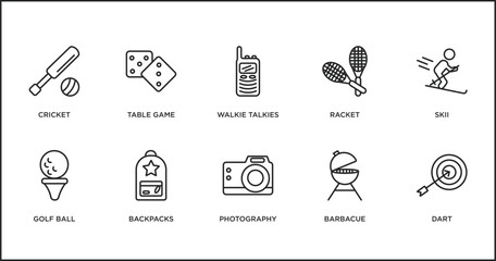 Poster - outdoor activities outline icons set. thin line icons such as walkie talkies, racket, skii, golf bal