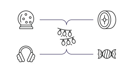 Poster - winter outline icons set. thin line icons such as snow globe, winter tire, lights, earmuffs, candy v