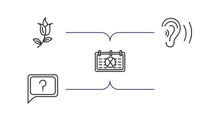 Sticker - ultimate glyphicons outline icons set. thin line icons such as flower with leaves, groceries shop, ear with sound bar, calendar with letter x, question message vector.