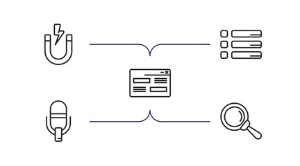 Poster - user interface outline icons set. thin line icons such as magnet, list button, looking, record voice button, glass material vector.