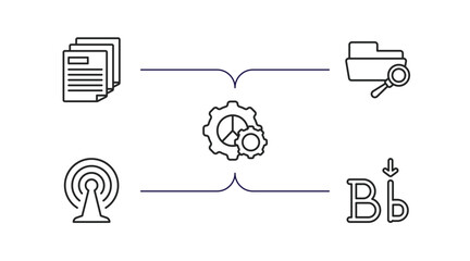Poster - user interface outline icons set. thin line icons such as multiple file, search in folder, tings cog, connection, letter i vector.
