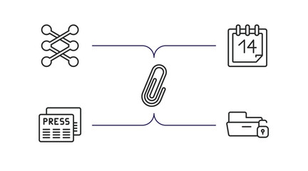 Aufkleber - user interface outline icons set. thin line icons such as lace, daily calendar day 14, shaped paper clip, news report, unlock folder vector.