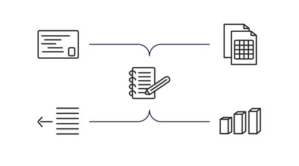 Poster - user interface outline icons set. thin line icons such as postal, document with tables, note blog, text out, 3d bars vector.
