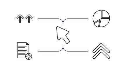 Poster - user interface outline icons set. thin line icons such as top arrows, pie chart organization, cursor arrow, add new document, up chevron vector.