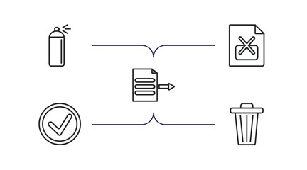 Poster - user interface outline icons set. thin line icons such as spray paint, remove right frame, export archive, round done button, trash bin vector.