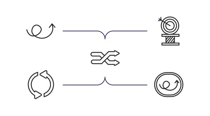 Poster - user interface outline icons set. thin line icons such as up arrow with scribble, archery champion, crossover, looping arrows, right loop arrow vector.
