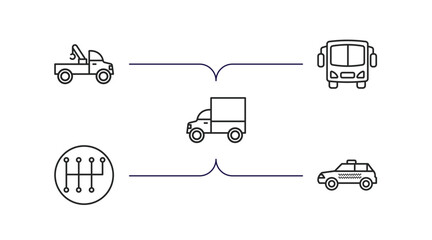 Poster - transportation outline icons set. thin line icons such as tow truck, bus, lorry, gear box, taxi vect