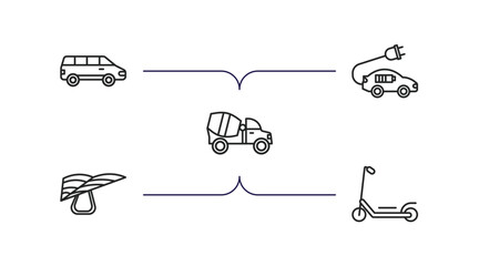 Poster - transportation outline icons set. thin line icons such as van, electro car, cement truck, hang glide