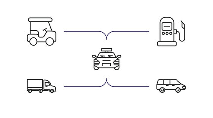 Poster - transportation outline icons set. thin line icons such as golf cart, fuel dispenser, sports car, eighteen-wheeler, people carrier vector.
