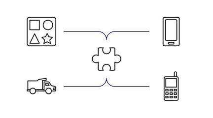 Poster - toys outline icons set. thin line icons such as shapes toy, telephone toy, puzzle toy, truck phone vector.