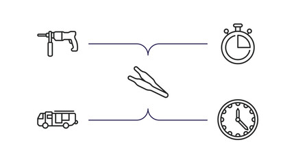 Poster - tools and utensils outline icons set. thin line icons such as hammer drill, stopwatch, forceps, firetruck, clock and watch vector.