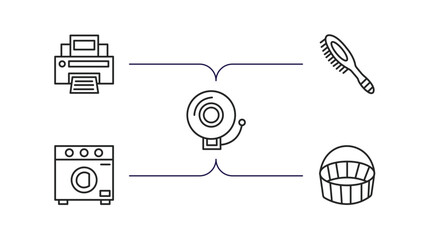 Poster - tools and utensils outline icons set. thin line icons such as blank paper and printer, combs, electric bell, top load washer, empty shopping basket vector.