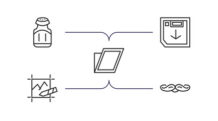 Poster - tools and utensils outline icons set. thin line icons such as pepper container, face down floppy dis