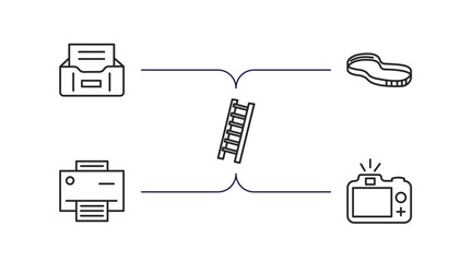 Poster - tools and utensils outline icons set. thin line icons such as tray for papers, rubber bands, hanging ladder, print button, camera with flash vector.