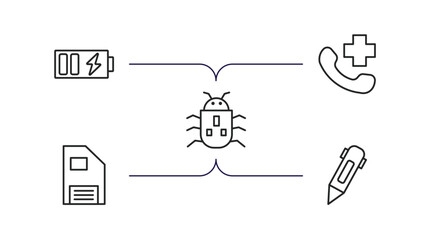 Poster - technology outline icons set. thin line icons such as battery power, hospital phone, robot insect, big floppy disk, digital pen vector.