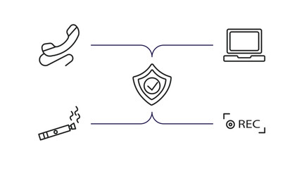 Poster - technology outline icons set. thin line icons such as phone with wire, laptop frontal monitor, safe shield protection, electronic cigarette, recording vector.