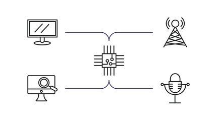 Poster - technology outline icons set. thin line icons such as lcd screen, cell tower, big chip, digitate, old mic vector.