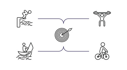 Poster - sports outline icons set. thin line icons such as swimming jump, man lifting weight, dartboard and d