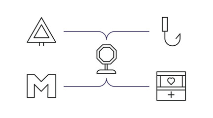 Poster - signaling outline icons set. thin line icons such as give way, no hooks, pit stop, m, organ container vector.