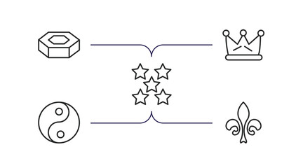 Poster - shapes outline icons set. thin line icons such as hexagonal prism, royalties, star with number five, yin and yang, fleur de lis vector.