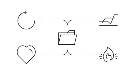 Poster - shapes outline icons set. thin line icons such as rotate circle, multiple line, open folder, black heart, fire over line vector.