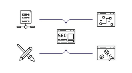 Poster - search engine optimization outline icons set. thin line icons such as sharing archives, tactical, home page, de, pay per click vector.