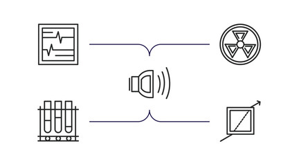 Poster - science outline icons set. thin line icons such as electrocardiogram, radiation, sound, tubes, refraction vector.