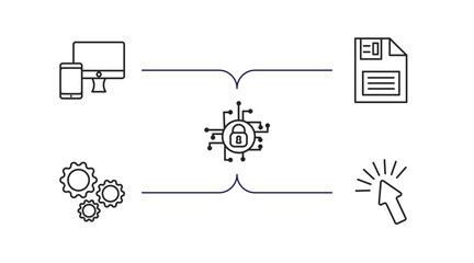 Poster - seo outline icons set. thin line icons such as responsive, floppy disk, encryption, cogwheel, click vector.